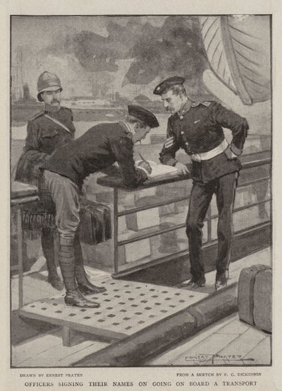 Officers signing their Names on going on Board a Transport by Ernest Prater